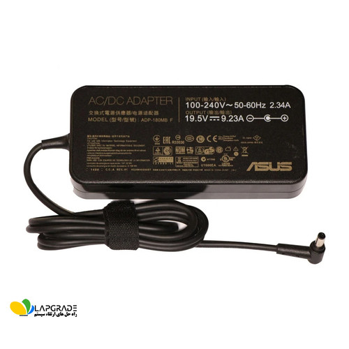 برچسب مشخصات فنی شارژر لپ تاپ ایسوس مدل ADP-180MB F شامل ولتاژ 19.5 ولت، جریان 9.23 آمپر، توان 180 وات و لوگوی ASUS