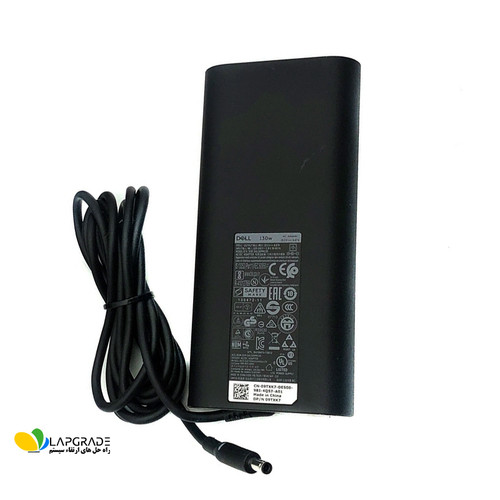 برچسب مشخصات فنی شارژر لپ تاپ دل مدل DA130PM170 شامل ولتاژ 20 ولت، جریان 6.5 آمپر، توان 130 وات و لوگوی Dell